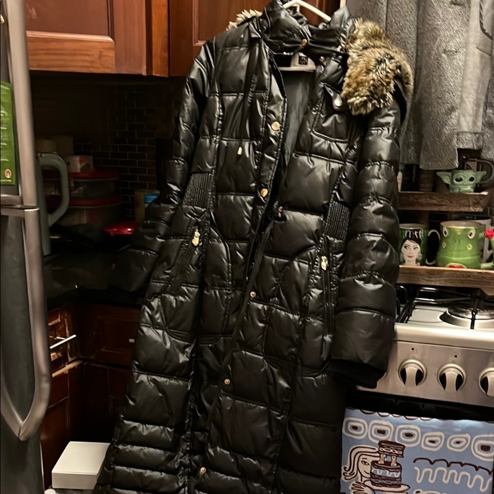 Long Black Puffer Coat with Fur Trim